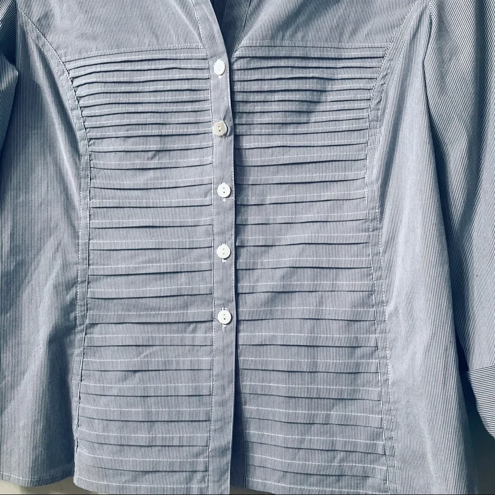 Tracy M Blue/White Pleated Cuff Sleeve Button Down - Picture 4 of 6
